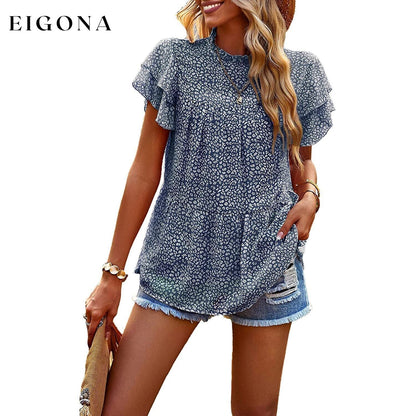 Women's Casual Summer Tops Ruffle Short Sleeve Mock Neck Fashion Floral Chiffon Blouse Shirts Dark Blue __stock:200 clothes refund_fee:1200 tops