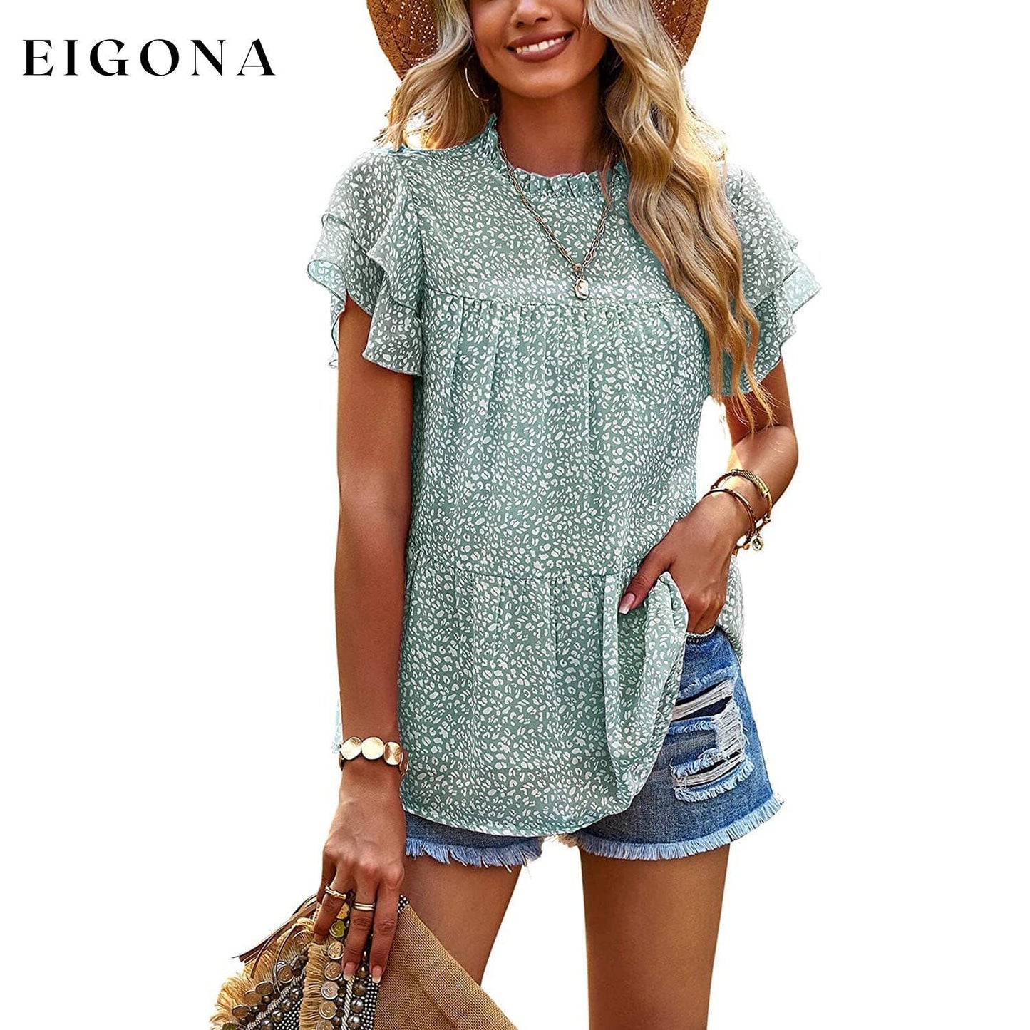 Women's Casual Summer Tops Ruffle Short Sleeve Mock Neck Fashion Floral Chiffon Blouse Shirts Green __stock:200 clothes refund_fee:1200 tops