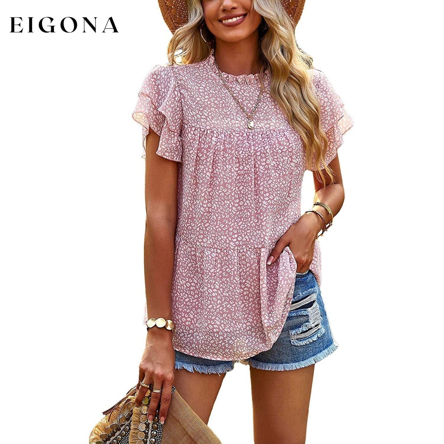 Women's Casual Summer Tops Ruffle Short Sleeve Mock Neck Fashion Floral Chiffon Blouse Shirts Pink __stock:200 clothes refund_fee:1200 tops
