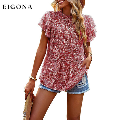 Women's Casual Summer Tops Ruffle Short Sleeve Mock Neck Fashion Floral Chiffon Blouse Shirts Wine __stock:200 clothes refund_fee:1200 tops