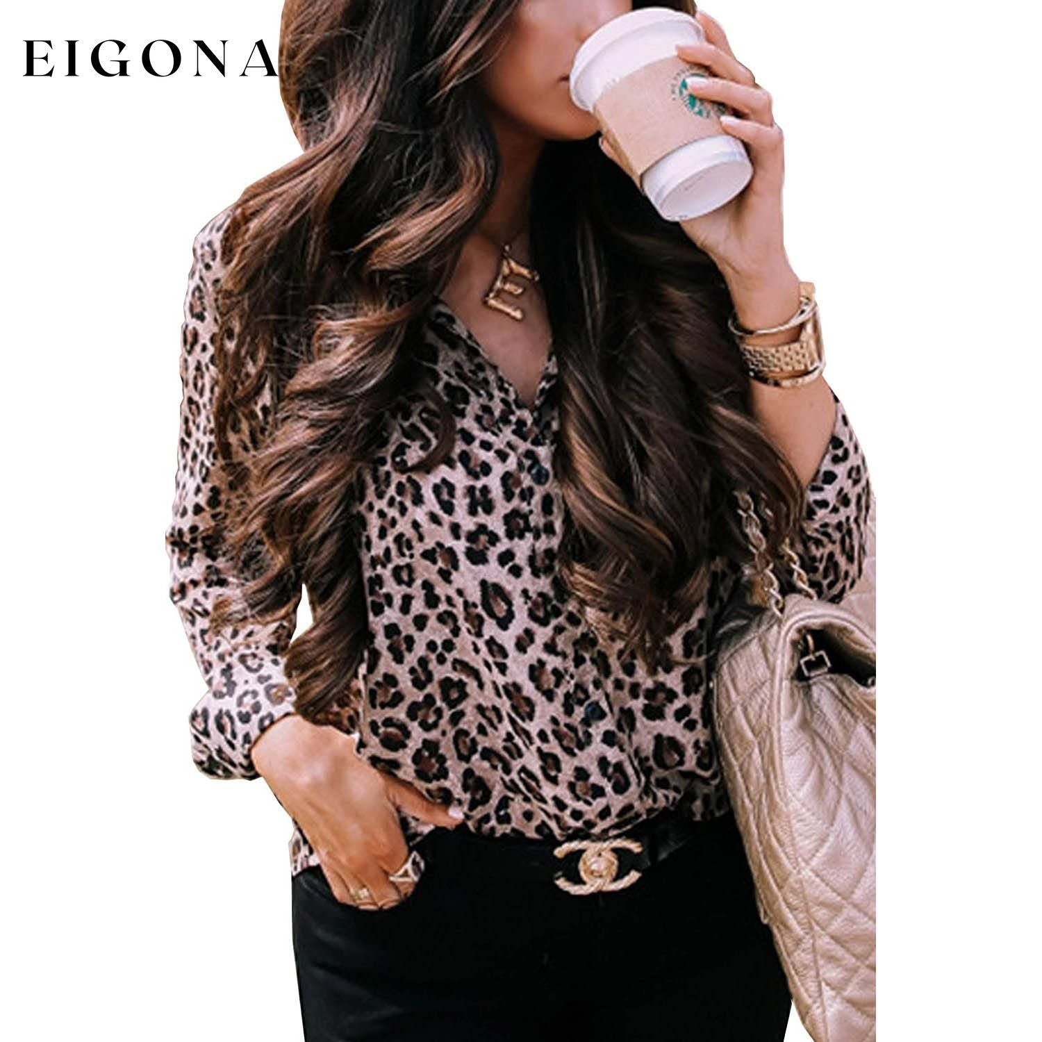 Womens Casual Tops V Neck Leopard Tunic Long Sleeve Button Down Shirts Top __stock:200 clothes refund_fee:800 tops