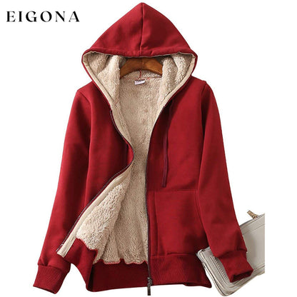 Women's Casual Winter Warm Sherpa Lined Zip Up Hooded Sweatshirt Jacket Wine Red __stock:100 Jackets & Coats refund_fee:1200