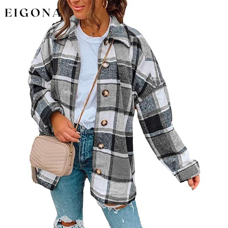 Women's Casual Woolen Long Sleeve Button Down Plaid Jacket Gray __stock:50 Jackets & Coats refund_fee:1200