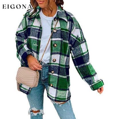 Women's Casual Woolen Long Sleeve Button Down Plaid Jacket Green __stock:50 Jackets & Coats refund_fee:1200