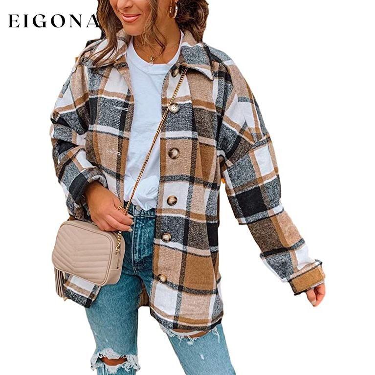 Women's Casual Woolen Long Sleeve Button Down Plaid Jacket Khaki __stock:50 Jackets & Coats refund_fee:1200