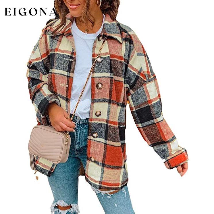 Women's Casual Woolen Long Sleeve Button Down Plaid Jacket Orange __stock:50 Jackets & Coats refund_fee:1200