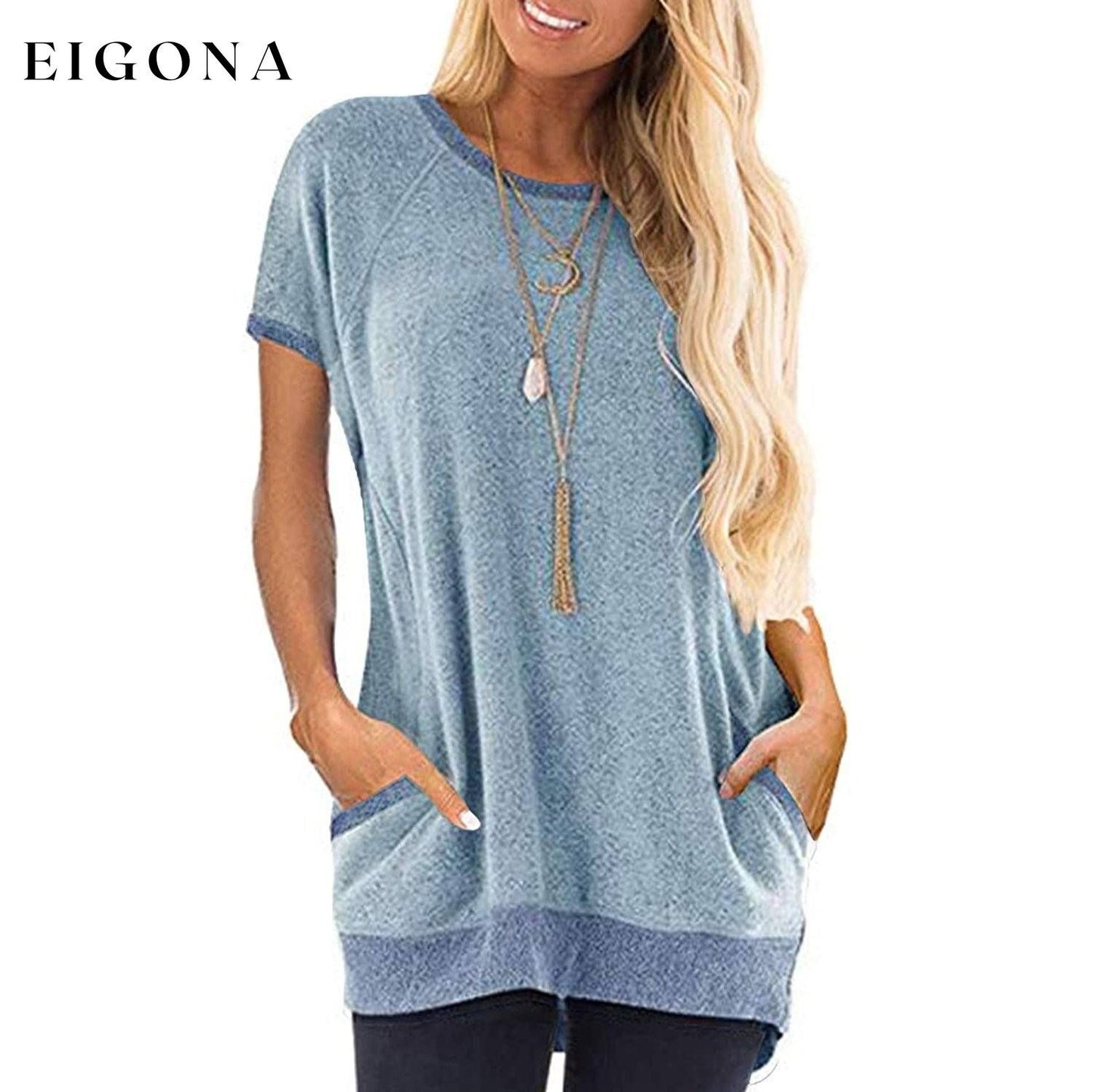 Women's Color Block Short Sleeve Lightweight Knit Sweatshirts with Pockets Blue __stock:200 clothes refund_fee:800 tops