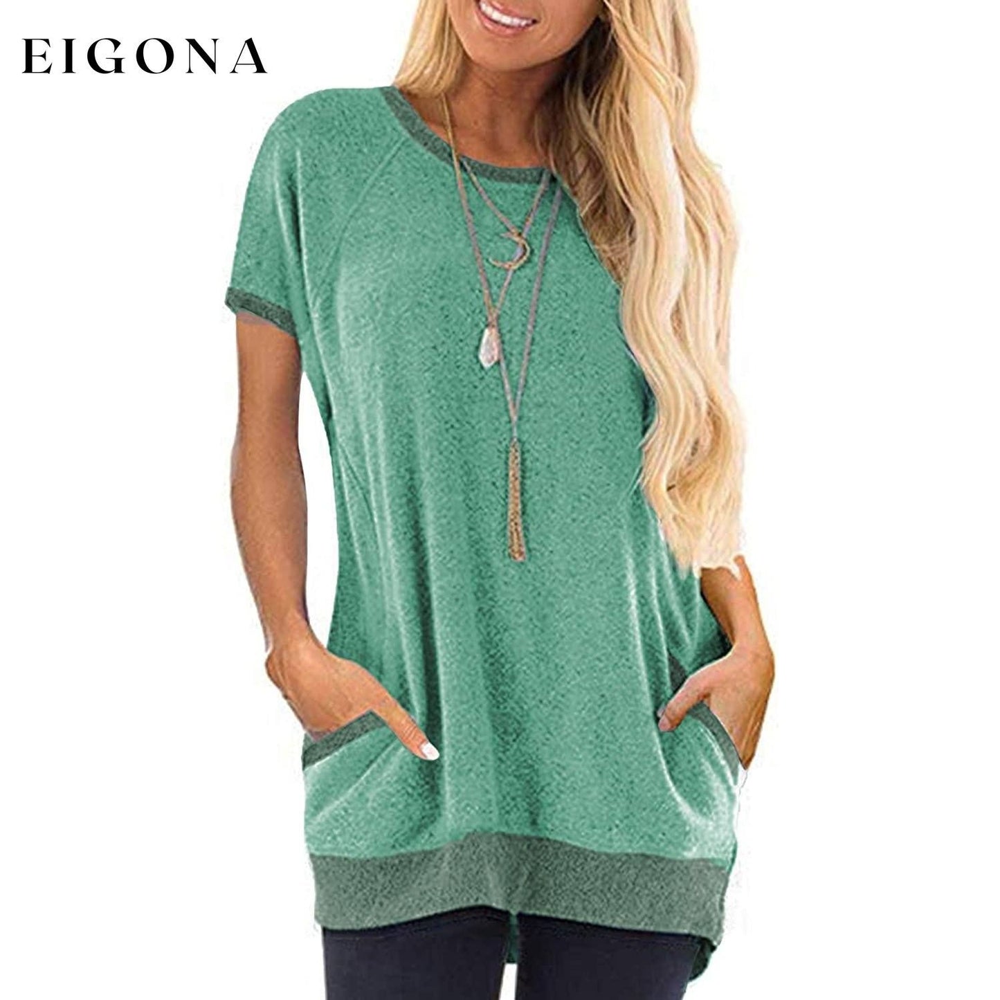 Women's Color Block Short Sleeve Lightweight Knit Sweatshirts with Pockets Green __stock:200 clothes refund_fee:800 tops