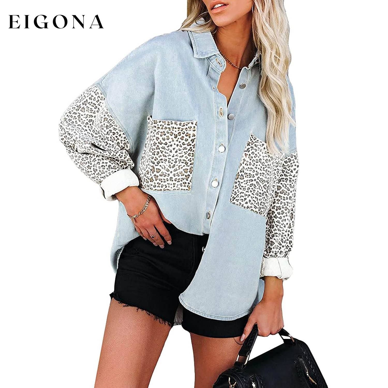 Womens Contrast Leopard Denim Jacket Long Sleeve Button Down Shirts Sky Blue __stock:200 clothes refund_fee:1200 tops