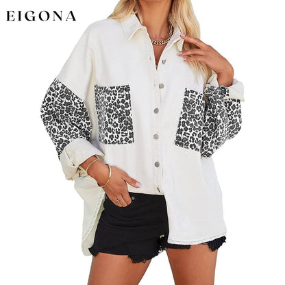 Womens Contrast Leopard Denim Jacket Long Sleeve Button Down Shirts White __stock:200 clothes refund_fee:1200 tops