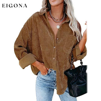 Women's Corduroy Shirts Casual Long Sleeve Top Brown __stock:200 clothes refund_fee:1200 tops