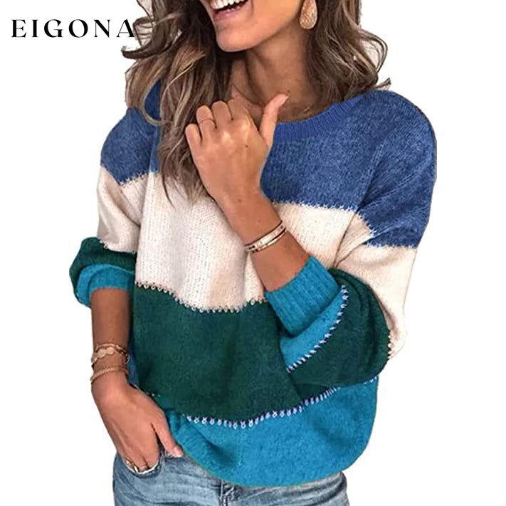 Women's Crewneck Patchwork Pullover Knit Sweater Top Blue __stock:50 clothes refund_fee:1200 tops