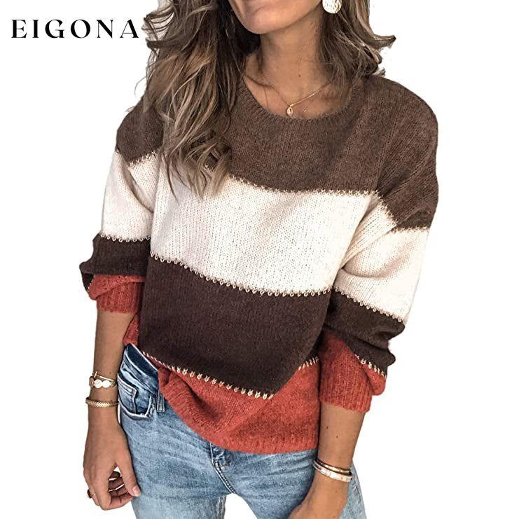Women's Crewneck Patchwork Pullover Knit Sweater Top Khaki __stock:50 clothes refund_fee:1200 tops