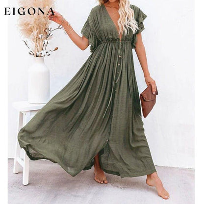 Women's Deep V Vacation Sexy Loose Dress Army Green __stock:200 casual dresses clothes dresses refund_fee:1200