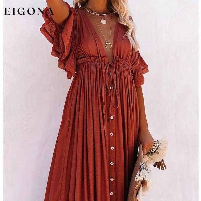 Women's Deep V Vacation Sexy Loose Dress Rust __stock:200 casual dresses clothes dresses refund_fee:1200