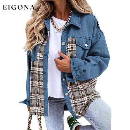 Women's Denim Jacket Long Sleeve Plaid Button Down Shirts Shacket Blue __stock:200 Jackets & Coats refund_fee:1200