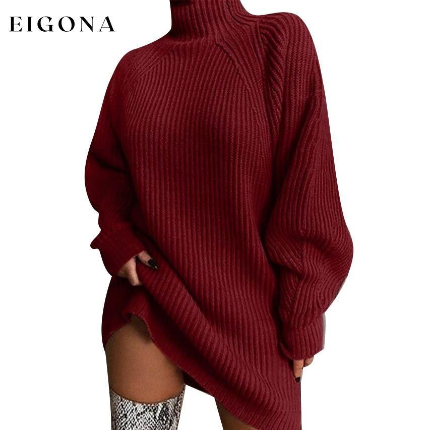 Women's Dress Sweater Dress Knitted Long Sleeve Loose Sweater Cardigans Turtleneck Wine Red __stock:200 casual dresses clothes dresses refund_fee:1200