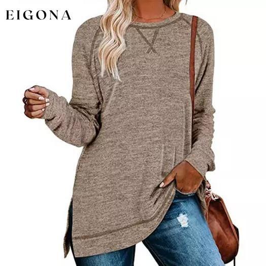 Women's Fall Long Sleeve Side Split Loose Casual Pullover Tunic Tops Brown __stock:500 clothes refund_fee:800 tops