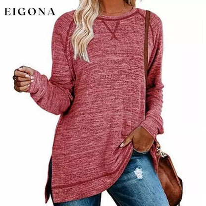 Women's Fall Long Sleeve Side Split Loose Casual Pullover Tunic Tops Red __stock:500 clothes refund_fee:800 tops