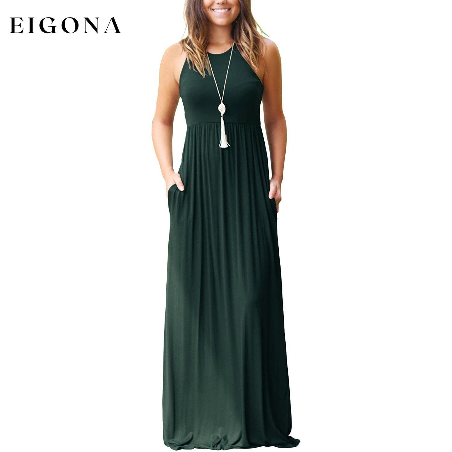 Women's Fashion Summer Sleeveless Racerback Loose Plain Maxi Dresses Dark Green __stock:200 casual dresses clothes dresses refund_fee:1200