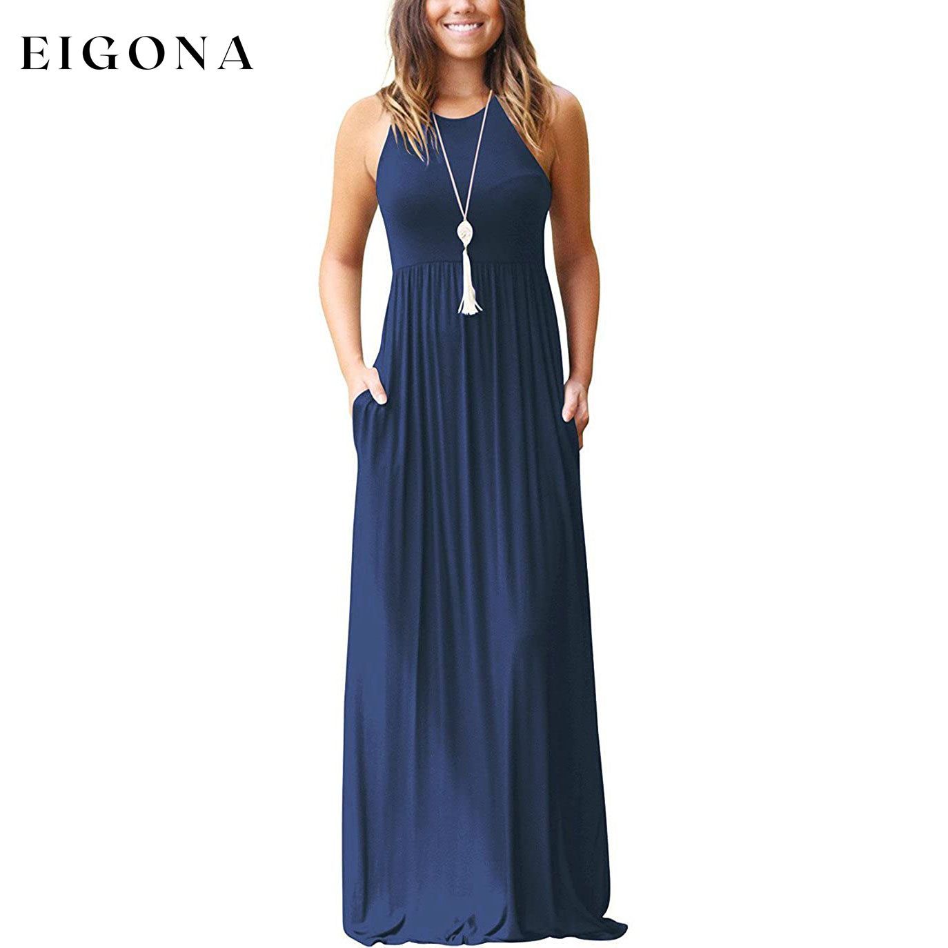 Women's Fashion Summer Sleeveless Racerback Loose Plain Maxi Dresses Navy __stock:200 casual dresses clothes dresses refund_fee:1200