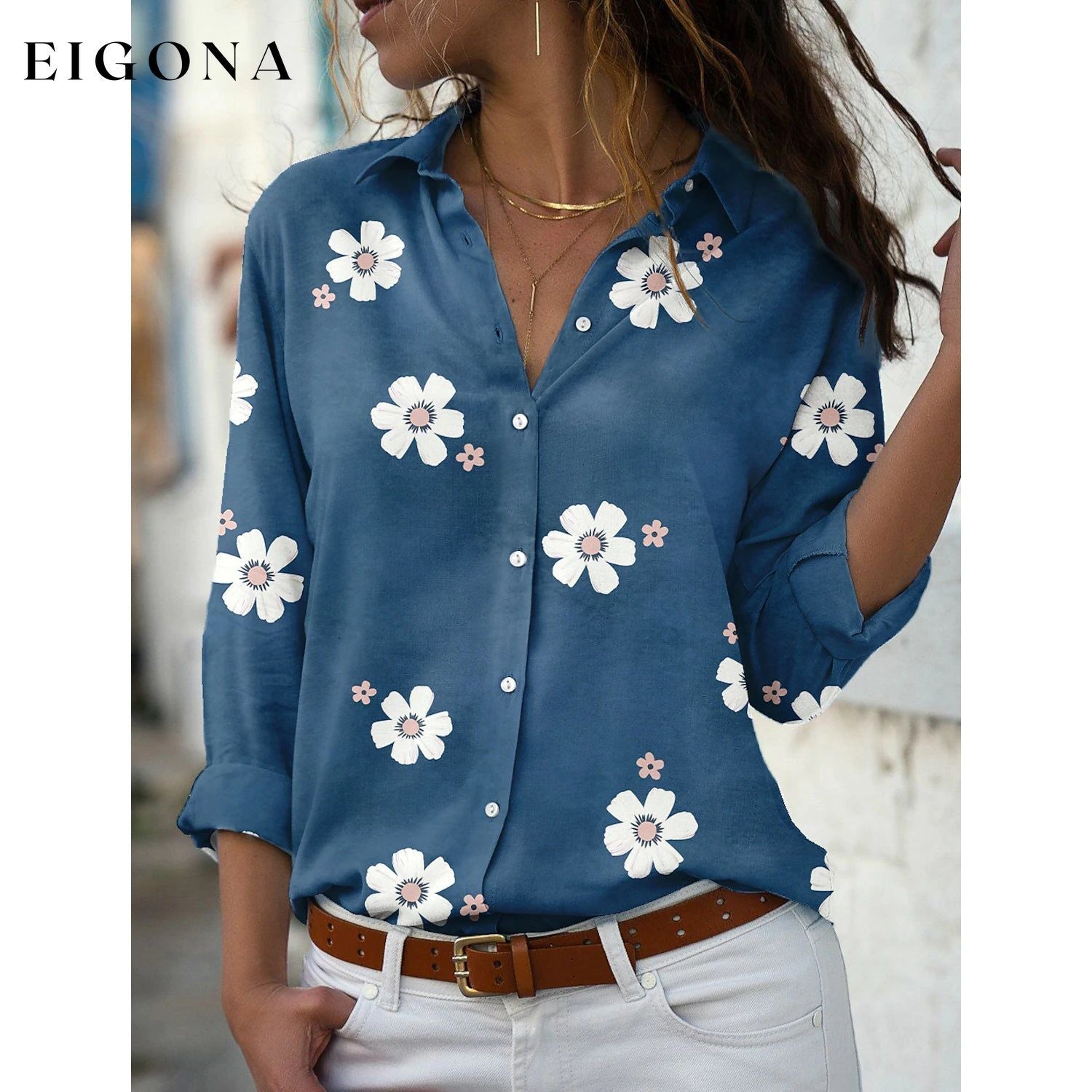 Women's Floral Button Themed Shirt Top Blue __stock:200 clothes refund_fee:1200 tops