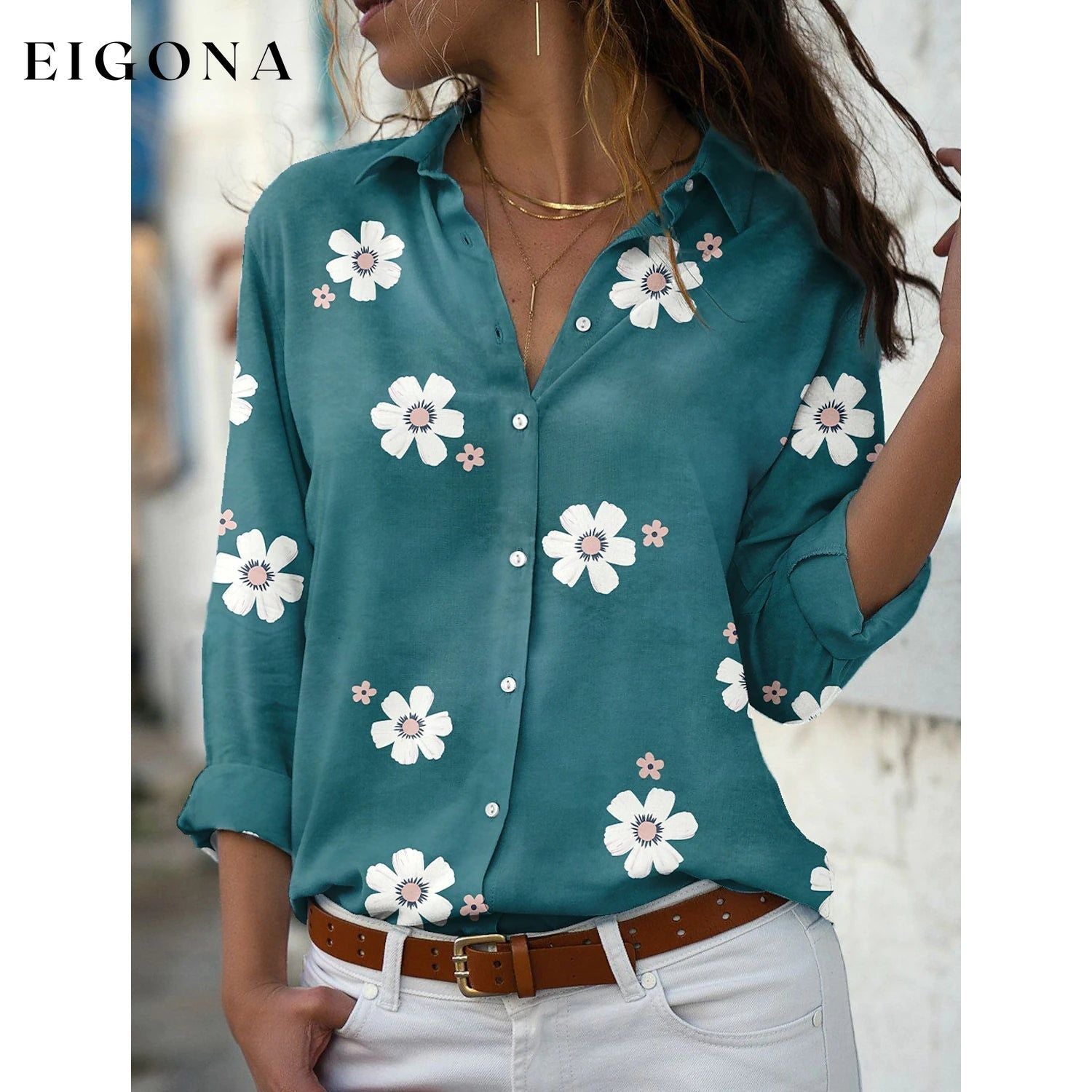 Women's Floral Button Themed Shirt Top Green __stock:200 clothes refund_fee:1200 tops