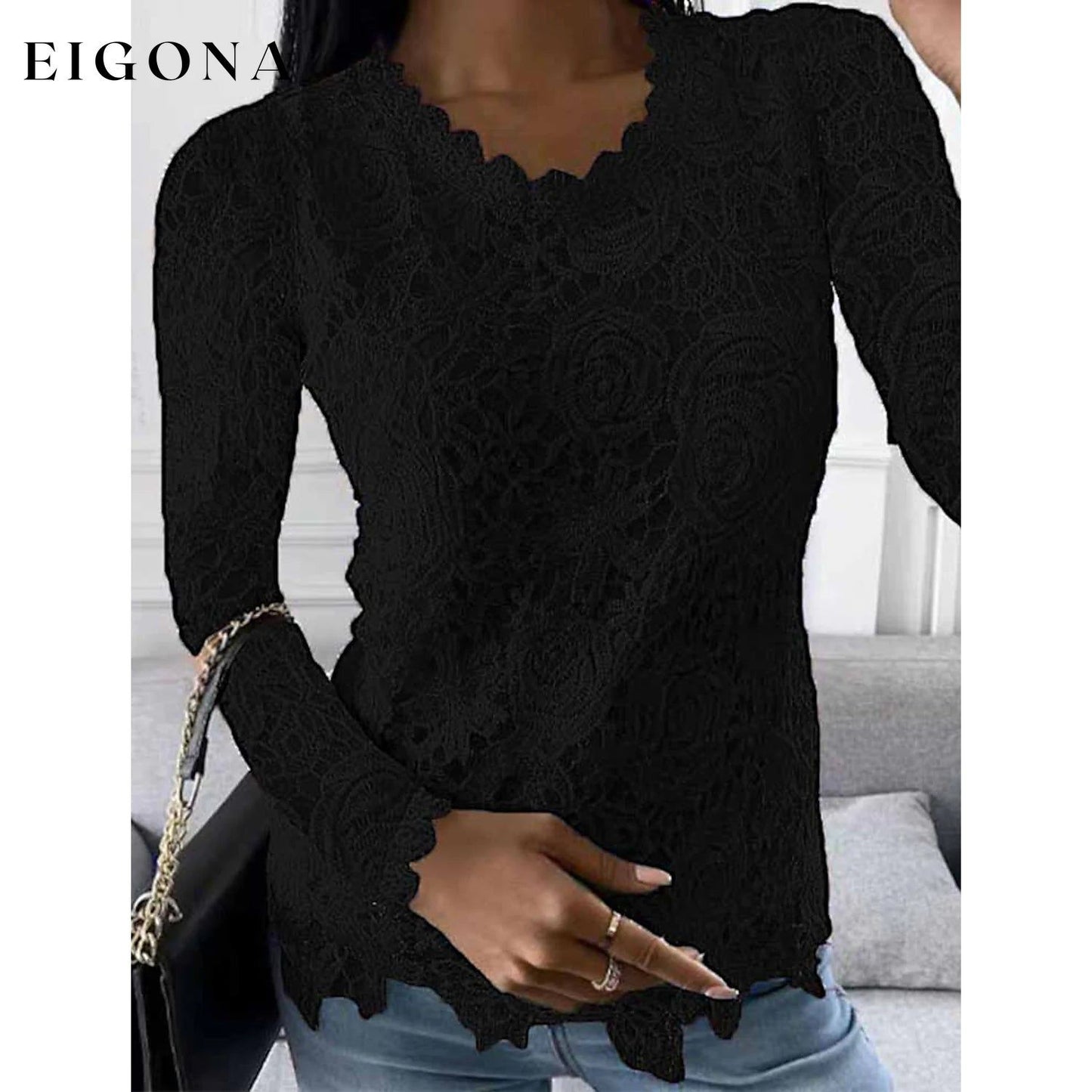 Women's Floral Lace Long Sleeve Blouse Shirt Black __stock:200 clothes refund_fee:1200 tops