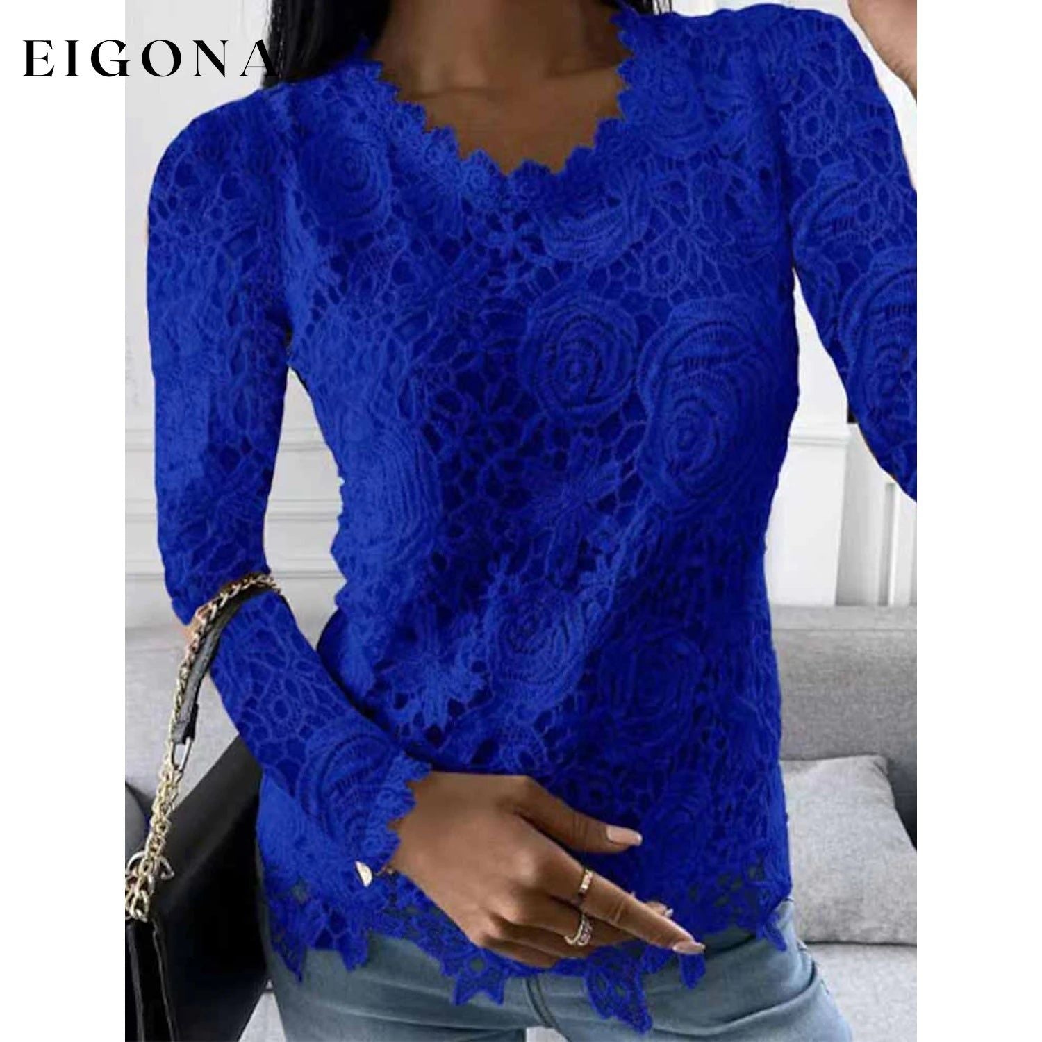 Women's Floral Lace Long Sleeve Blouse Shirt Blue __stock:200 clothes refund_fee:1200 tops