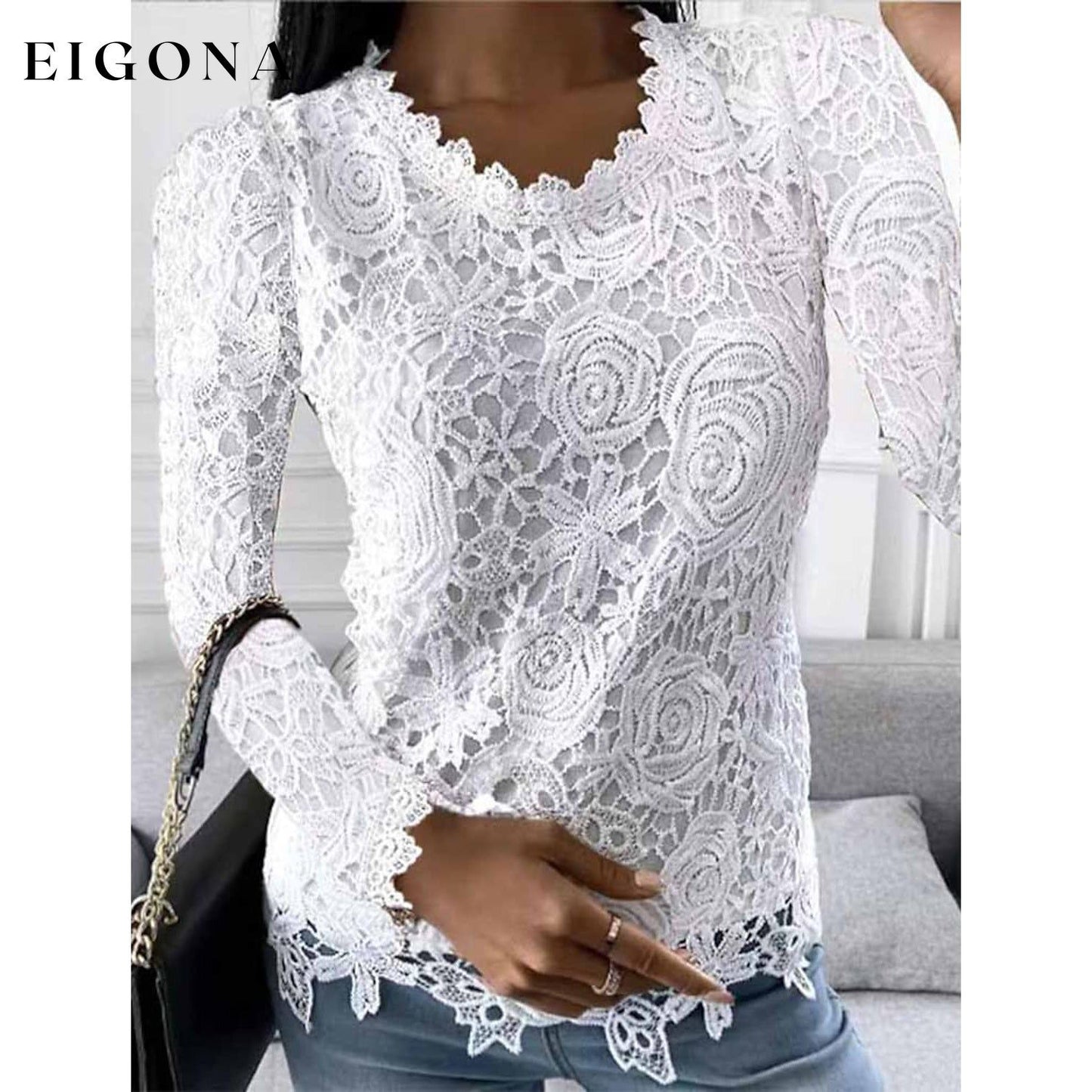 Women's Floral Lace Long Sleeve Blouse Shirt White __stock:200 clothes refund_fee:1200 tops