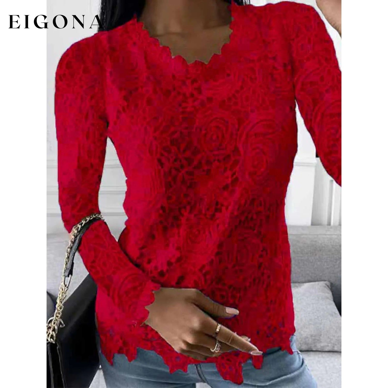 Women's Floral Lace Long Sleeve Blouse Shirt Wine __stock:200 clothes refund_fee:1200 tops