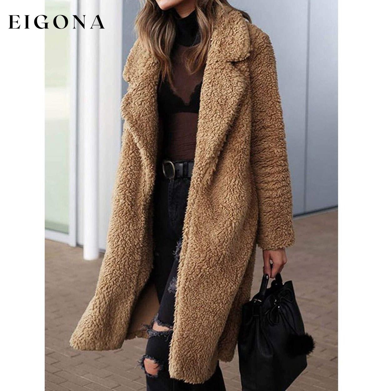 Women's Fuzzy Fleece Lapel Open Front Long Cardigan Coat __stock:100 Jackets & Coats refund_fee:1200