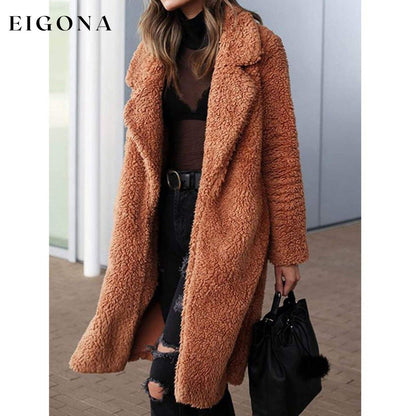 Women's Fuzzy Fleece Lapel Open Front Long Cardigan Coat __stock:100 Jackets & Coats refund_fee:1200