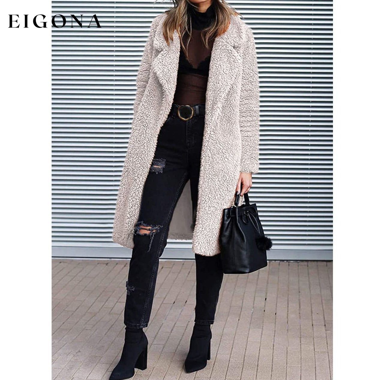 Women's Fuzzy Fleece Lapel Open Front Long Cardigan Coat __stock:100 Jackets & Coats refund_fee:1200