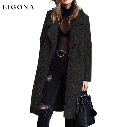 Women's Fuzzy Fleece Lapel Open Front Long Cardigan Coat __stock:100 Jackets & Coats refund_fee:1200