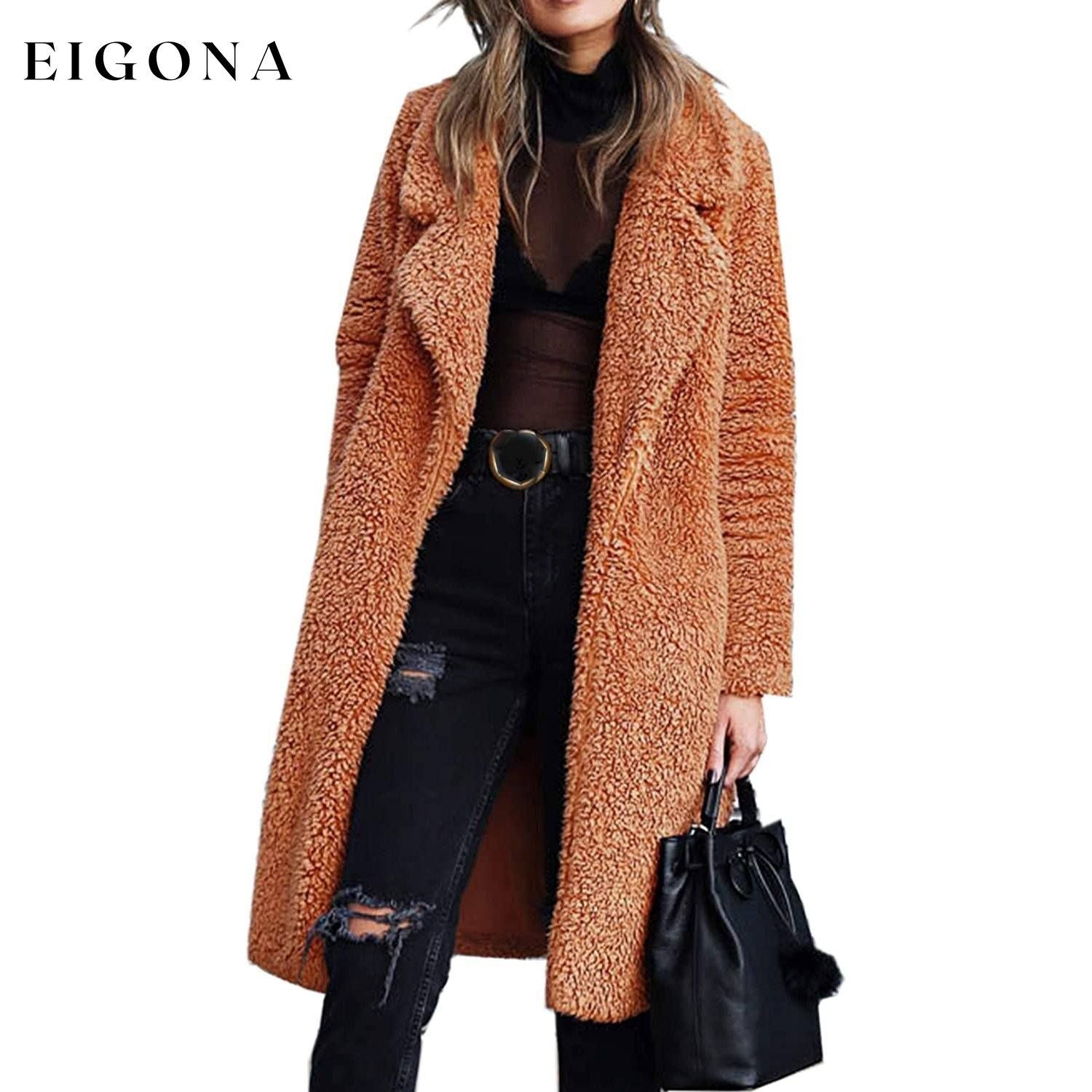 Women's Fuzzy Fleece Lapel Open Front Long Cardigan Coat __stock:100 Jackets & Coats refund_fee:1200