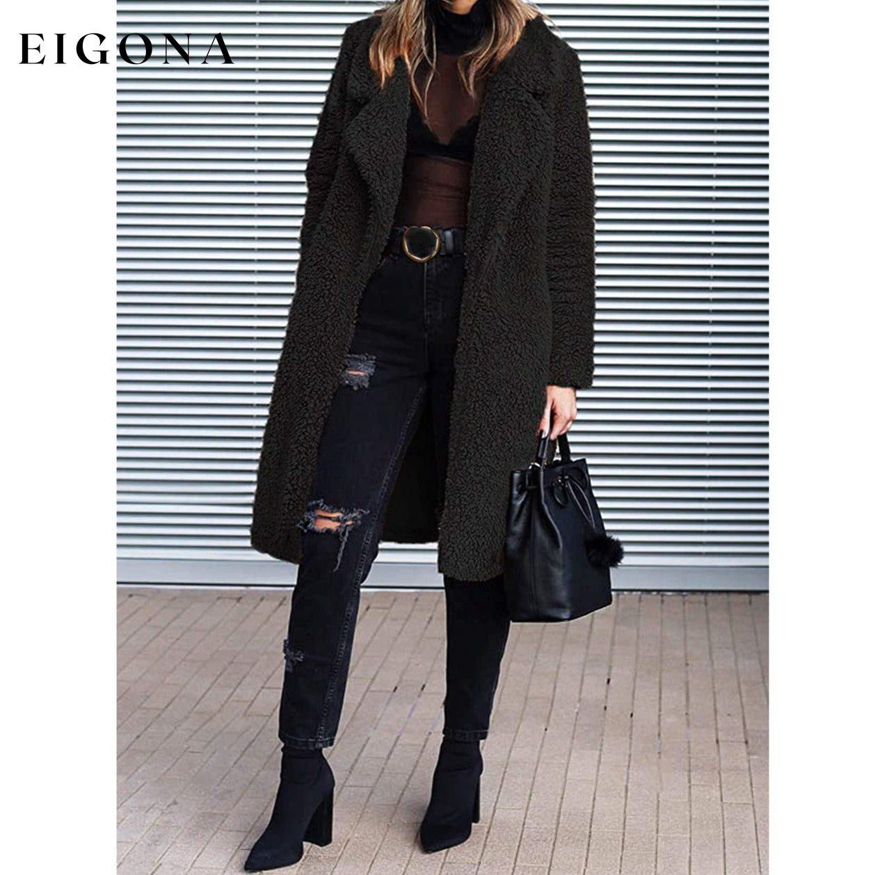 Women's Fuzzy Fleece Lapel Open Front Long Cardigan Coat __stock:100 Jackets & Coats refund_fee:1200