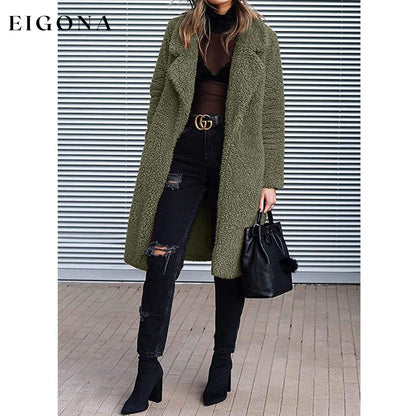 Women's Fuzzy Fleece Lapel Open Front Long Cardigan Coat __stock:100 Jackets & Coats refund_fee:1200