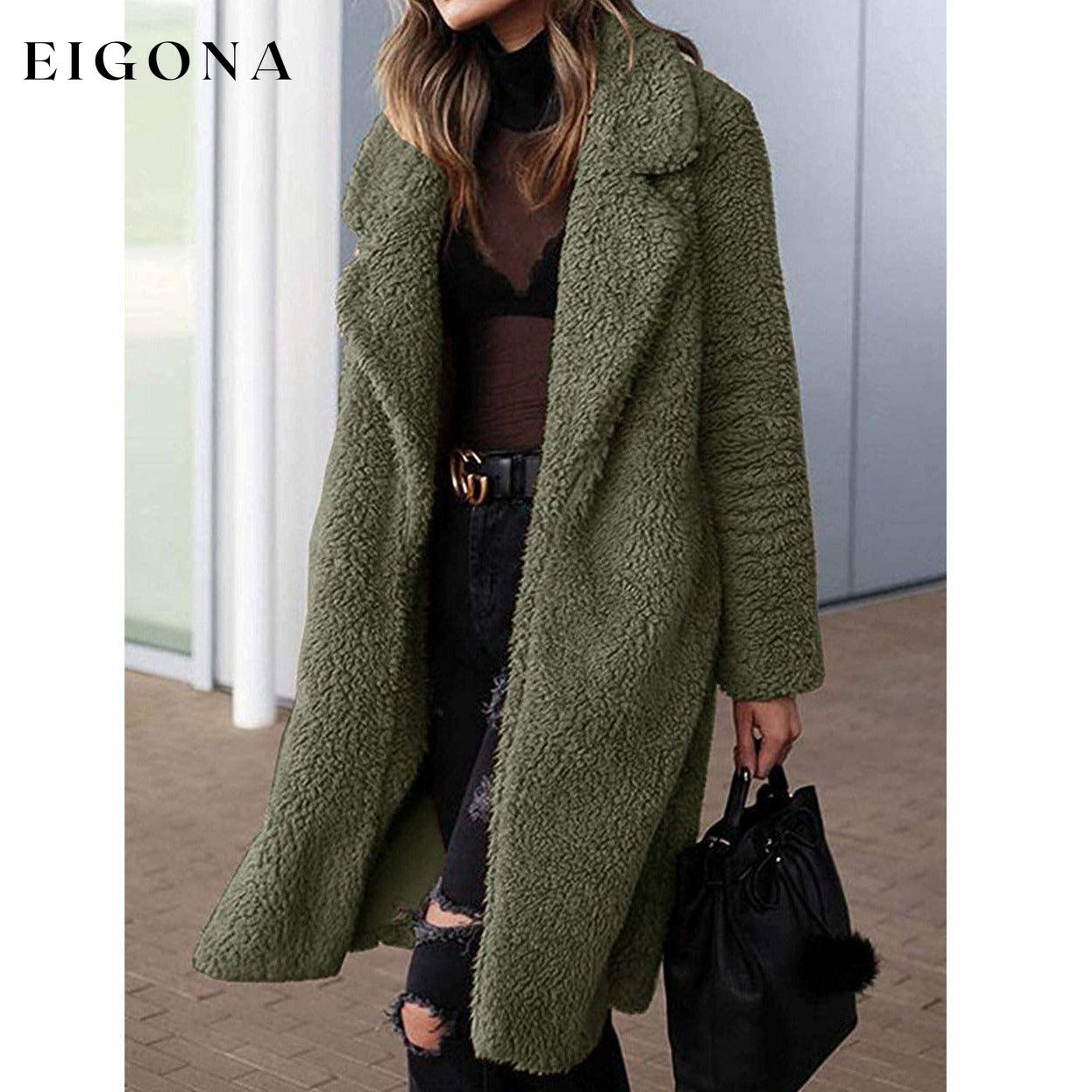 Women's Fuzzy Fleece Lapel Open Front Long Cardigan Coat __stock:100 Jackets & Coats refund_fee:1200