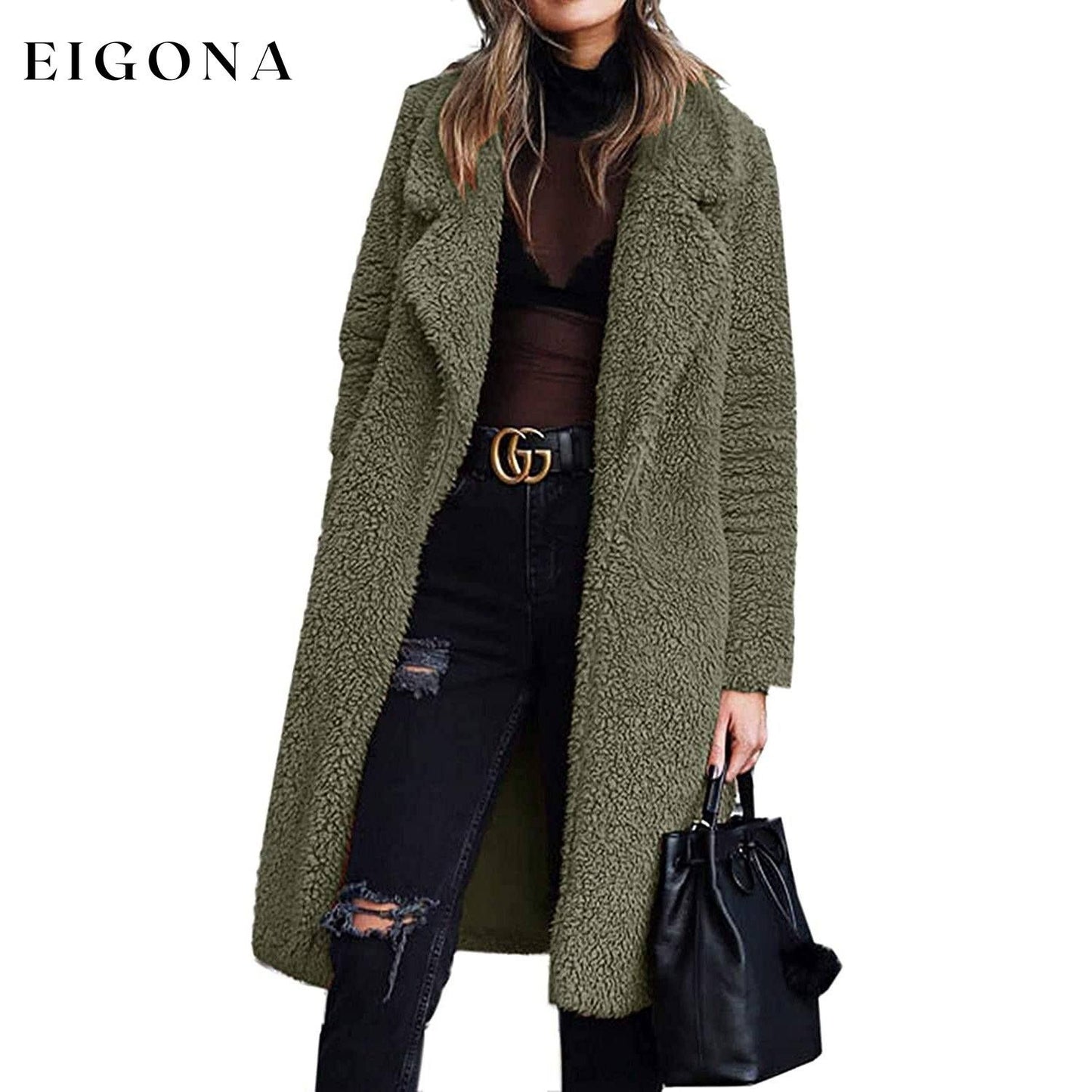 Women's Fuzzy Fleece Lapel Open Front Long Cardigan Coat __stock:100 Jackets & Coats refund_fee:1200