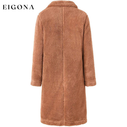 Women's Fuzzy Fleece Lapel Open Front Long Cardigan Coat __stock:100 Jackets & Coats refund_fee:1200