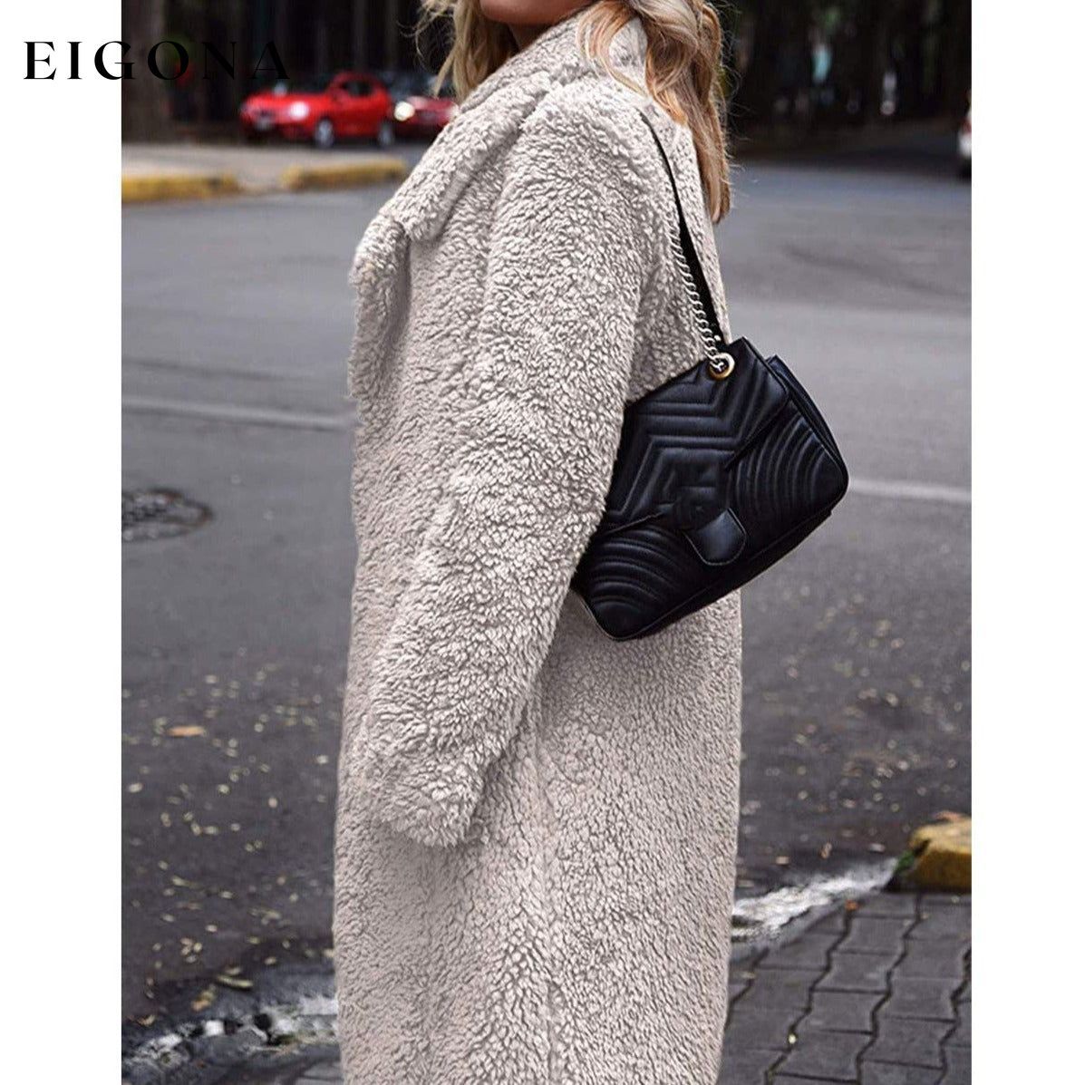 Women's Fuzzy Fleece Lapel Open Front Long Cardigan Coat __stock:100 Jackets & Coats refund_fee:1200