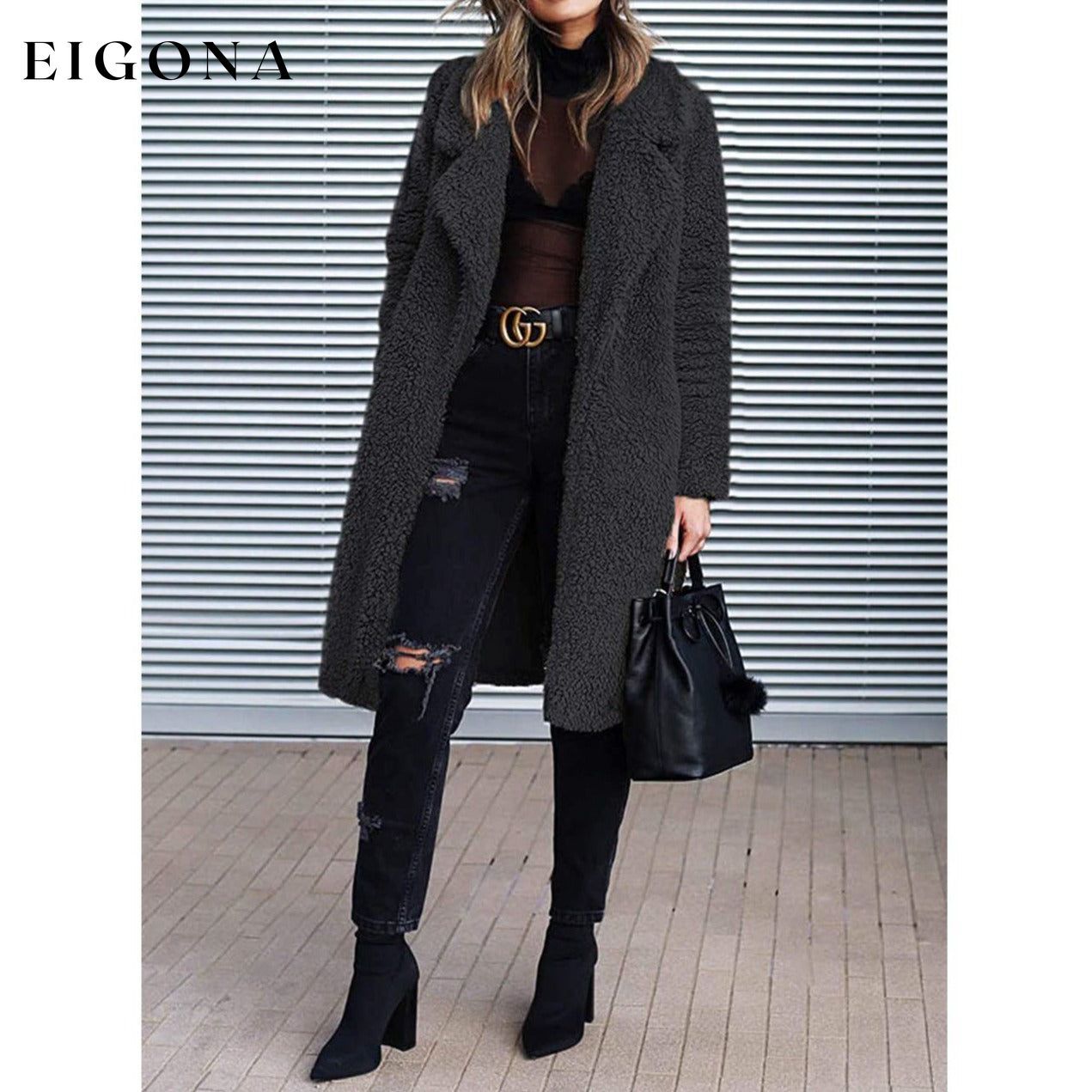 Women's Fuzzy Fleece Lapel Open Front Long Cardigan Coat __stock:100 Jackets & Coats refund_fee:1200