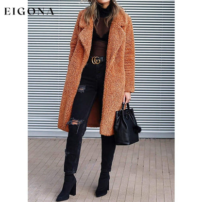 Women's Fuzzy Fleece Lapel Open Front Long Cardigan Coat __stock:100 Jackets & Coats refund_fee:1200