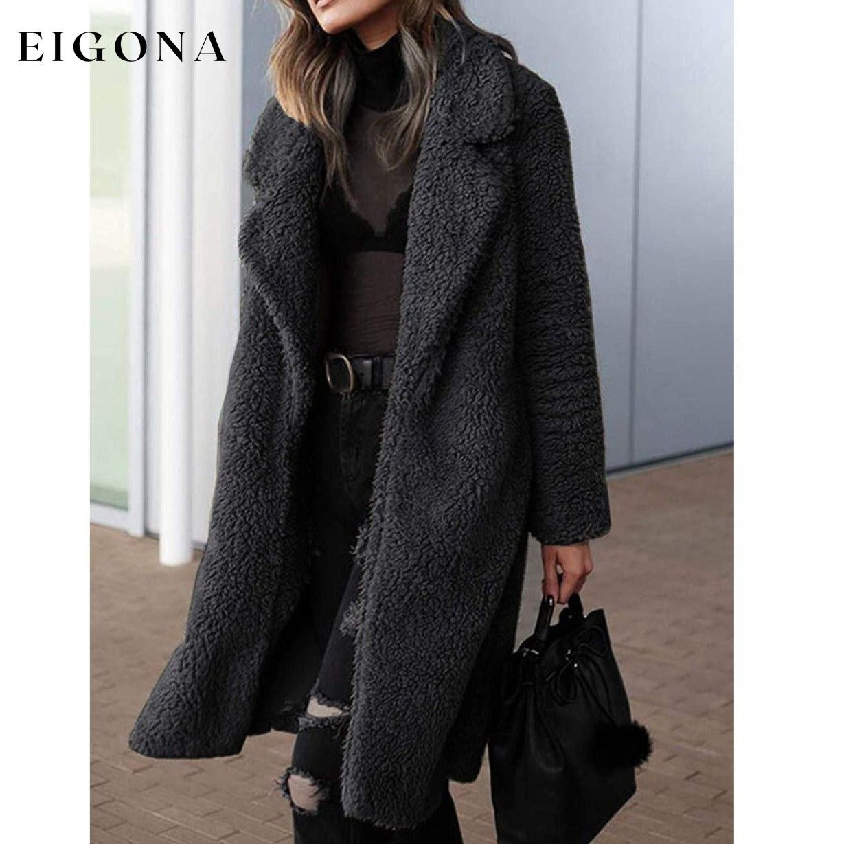 Women's Fuzzy Fleece Lapel Open Front Long Cardigan Coat __stock:100 Jackets & Coats refund_fee:1200