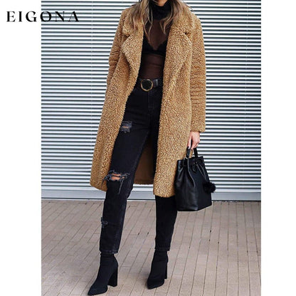 Women's Fuzzy Fleece Lapel Open Front Long Cardigan Coat __stock:100 Jackets & Coats refund_fee:1200