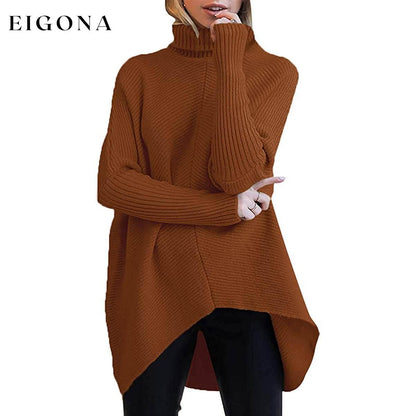 Women's High Neck Long Sweater Brown __stock:500 clothes refund_fee:1200 tops