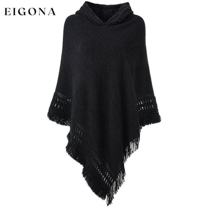 Womens Hooded Cape with Fringed Hem, Crochet Poncho Knitting Patterns Black __stock:50 Jackets & Coats refund_fee:1200