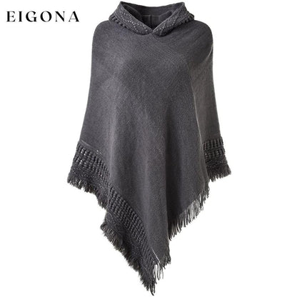 Womens Hooded Cape with Fringed Hem, Crochet Poncho Knitting Patterns Gray __stock:50 Jackets & Coats refund_fee:1200