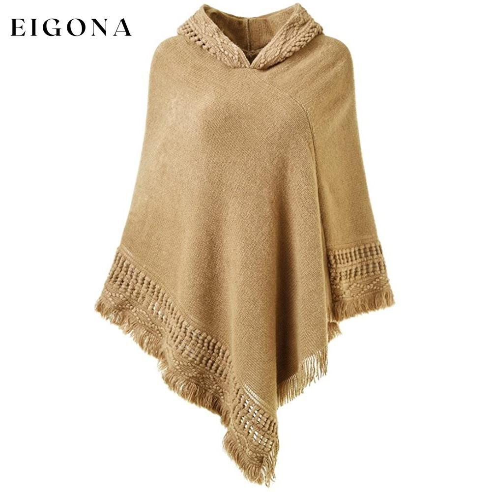 Womens Hooded Cape with Fringed Hem, Crochet Poncho Knitting Patterns Khaki __stock:50 Jackets & Coats refund_fee:1200